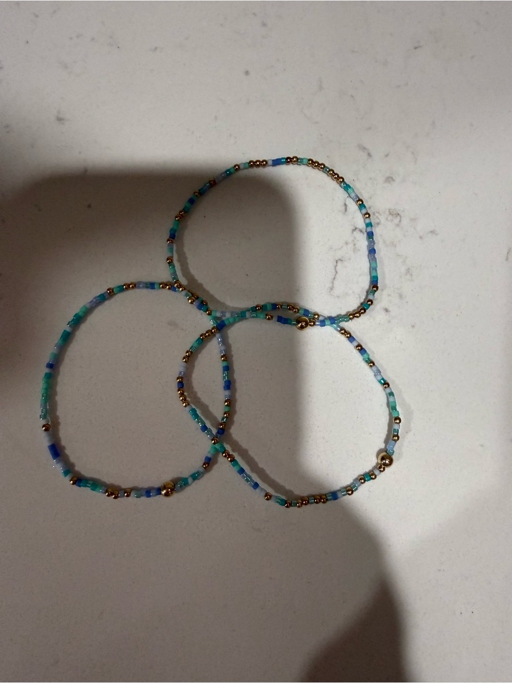 Handmade Aqua Seed Bead Bracelet Trio with Gold Accents